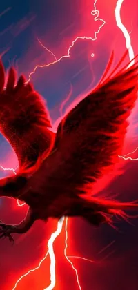 This live wallpaper for your phone showcases a breathtaking digital artwork of a bird flying in the sky, surrounded by red lightning