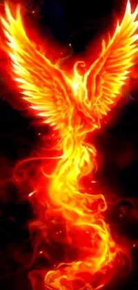This phone live wallpaper showcases a stunning high definition screenshot of a fiery bird with glowing runes on its body