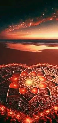 This stunning phone live wallpaper features a mesmerizing heart-shaped sand art on the beach surrounded by vibrant digital and psychedelic art