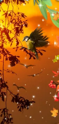 This phone live wallpaper features a beautiful bird in flight against a stunning sunset backdrop