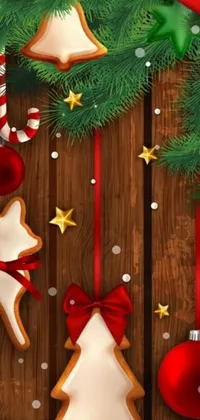 This phone live wallpaper depicts a charming wooden table embellished with delightful Christmas decorations and yummy cookies
