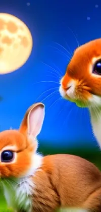 Looking for a stunning live wallpaper for your phone? This digital rendering features two adorable rabbits sitting on a lush green field under the moonlight
