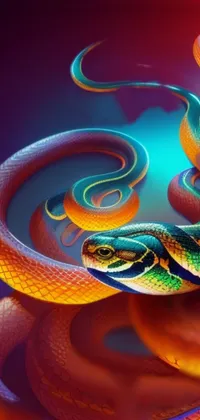 This phone live wallpaper depicts a close-up of a brilliantly colored snake set against a vibrant gradient and patterns background