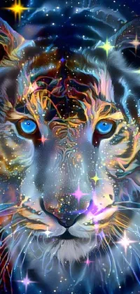 This live wallpaper for your phone features a striking painting of a tiger with blue eyes set against a swirling background of psychedelic energy wires and cosmic motifs