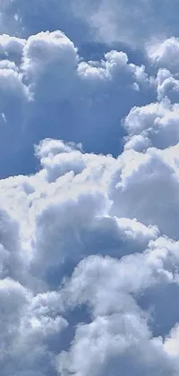 This phone live wallpaper showcases a plane flying through a picturesque, cloudy blue sky with a white cloud backdrop