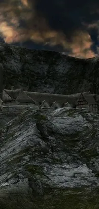 This live wallpaper for your phone features a stunning castle on a mountain with cloudy skies