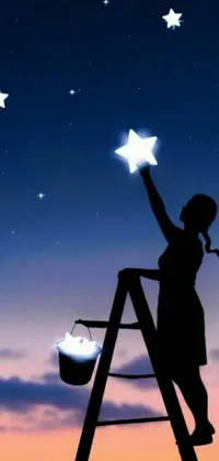 This live phone wallpaper showcases a captivating night scene of a young girl reaching for the stars on a ladder