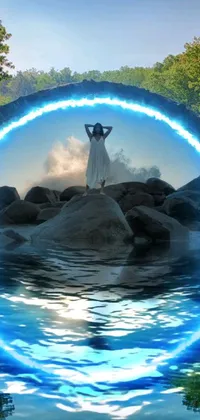 This stunning live wallpaper features a woman standing on a rock surrounded by tranquil blue waters