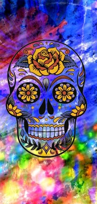 This phone live wallpaper features a colorful sugar skull with flowers, tie-dye patterns, and a psychedelic art style