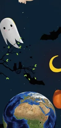 This live wallpaper features a group of spooky ghosts and pumpkins flying around the earth at night, perfect for Halloween