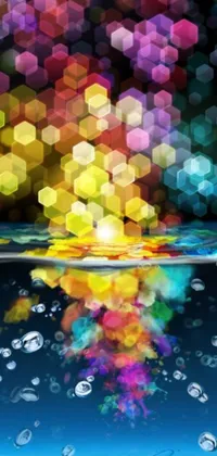 This phone live wallpaper features a mesmerizing display of colorful bubbles floating on top of a serene water body