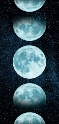 This live phone wallpaper features a captivating triptych of lunar phases - including a waxing crescent, full moon, and waning crescent - in a luminous shade of blue