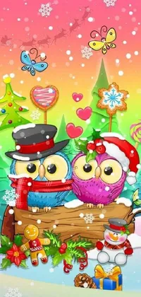 This live wallpaper for phones features two owls perched on a snowy log by the artist Lisa Frank