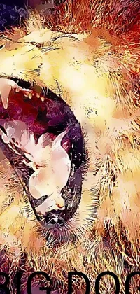 This phone live wallpaper features a digital painting of a lion with its mouth open in stunning detail