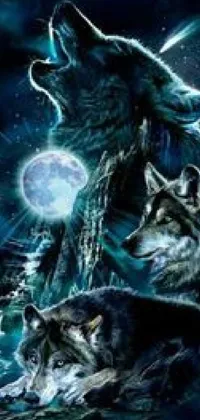 This live wallpaper showcases two majestic wolves standing next to each other in the dark night