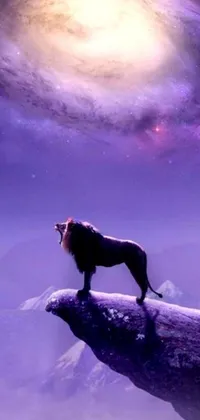 This smartphone live wallpaper depicts a fearless lion standing atop a rocky perch amidst a breathtaking galaxy-themed background in shades of purple