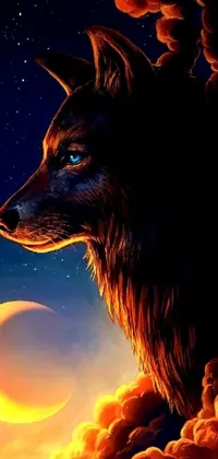 This live wallpaper features a beautiful wolf looking up at the moon in an epic fantasy art style