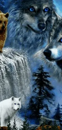 This phone live wallpaper features a group of furry animals standing in front of a stunning waterfall