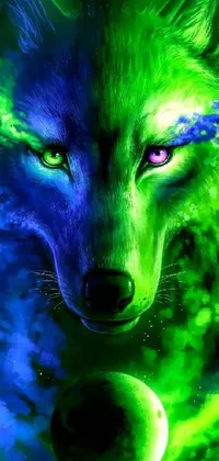 Get a stunning wolf live wallpaper for your phone! This airbrush painting embodies the beauty and wilderness of wolves in a close-up view, with a moon in the background