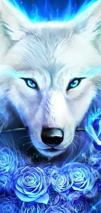 Transform your phone's background into a magical realm with this stunning live wallpaper featuring a majestic white wolf surrounded by a captivating blue fire and beautiful roses