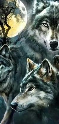 This live wallpaper depicts three wolves standing under a full moon