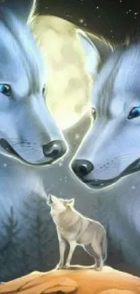 This live wallpaper features two white wolves standing in front of a full moon, surrounded by mononoke spirits and subtle falling snow