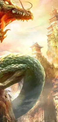 This phone live wallpaper displays a colorful painting of a dragon poised on a mountain with Chinese architecture and a giant snake castle in the background