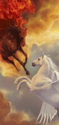 This phone live wallpaper features an impressive painting of two horses flying in a fiery world