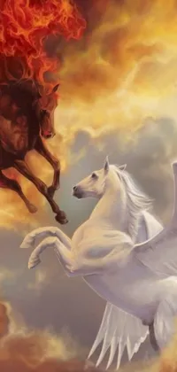 This fantasy live wallpaper depicts two horses flying against a photo realistic background of white and fiery colors