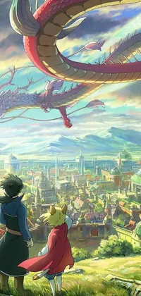 This stunning live phone wallpaper features a mesmerizing anime-style image depicting a majestic dragon flying over a sprawling cityscape
