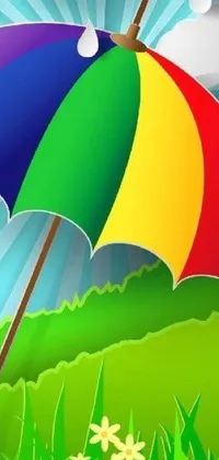 This phone live wallpaper features a colorful digital rendering of an umbrella on a lush green field