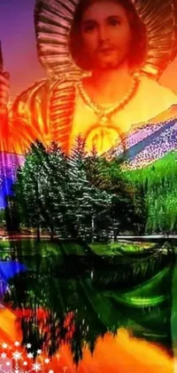 This phone live wallpaper depicts a digital rendering of Jesus holding a cell phone against a stunning backdrop of psychedelic art featuring mountains, rivers, trees, and an Indian warrior gazing out at the horizon