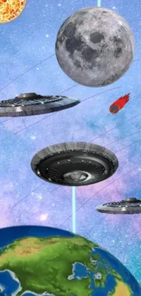 This surreal and captivating phone live wallpaper features an array of uniquely designed spaceships flying across a grey alien sky