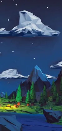 This stunning phone live wallpaper depicts a night scene with mountains and a campfire in a low-poly digital art style