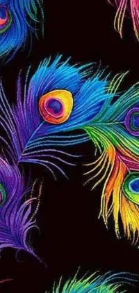 Get mesmerized and inspired by colorful peacock feathers on a black background in this lively, psychedelic live wallpaper