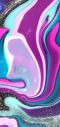 This phone live wallpaper features a stunning liquid painting in a black, blue and purple color scheme seamlessly blending into pink, white and turquoise