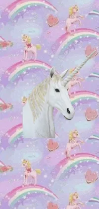 This phone live wallpaper features a close-up shot of a majestic unicorn with a colorful rainbow in the background