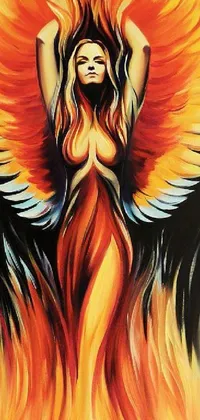 This stunning live wallpaper features an airbrush painting of a fiery angel standing in hell