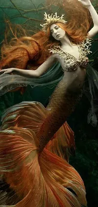 This live wallpaper features a mesmerizing mermaid with a long, flowing red hair and a stunning tail that shimmers with blues, greens, and purples
