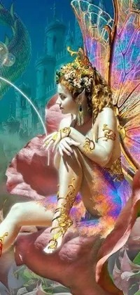 This phone live wallpaper features a stunning digital painting of a fairy on a flower surrounded by butterflies, a mermaid cyborg holding a laser whip in the background, and an animal pearl queen wearing a pearl crown