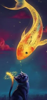 This phone live wallpaper features a magical and fantastical scene with a cat staring up at a floating fish