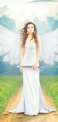 This white-dressed woman with four wings standing on a dirt road, surrounded by a misty forest makes for a stunning live wallpaper