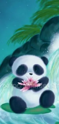 This live phone wallpaper features an airbrush style painting of a panda bear sitting by a waterfall