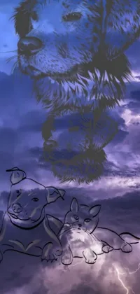 This phone live wallpaper features a beautiful furry art style drawing of a dog and cat cuddling in the sky