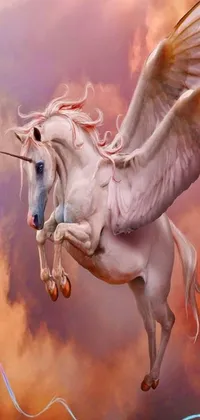 This live wallpaper showcases a captivating fantasy artwork of a white unicorn majestically flying through a cloudy sky