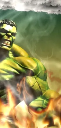 This phone live wallpaper features a hyper-realistic close-up of an imposing Hulk statue, complete with bulging biceps and a fierce scowl
