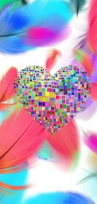 Brighten up your phone's screen with this cute and colorful live wallpaper! Created by a talented visual artist using computer art techniques, this vibrant wallpaper features a heart-shaped mosaic made out of an array of colorful feathers