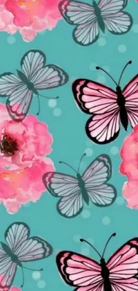 This stunning live wallpaper boasts a serene blue background dotted with delicate pink flowers and fluttering butterflies
