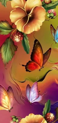 This phone live wallpaper showcases a colorful, detailed digital art featuring multicolored flowers and butterflies on a beautiful backdrop