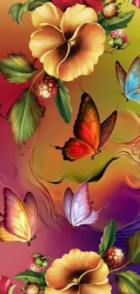 This stunning phone live wallpaper features a gorgeous digital painting of beautiful flowers and butterflies against a vibrant and colorful background